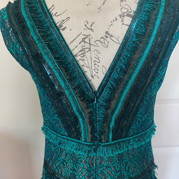 TADASHI SHOJI -TEAL LACE & FRINGE DRESS - Size 10 - Picture 7 of 8